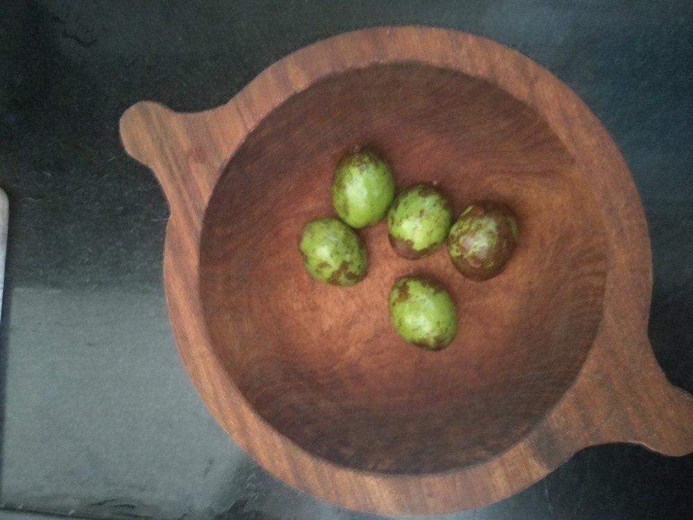Hog plums in a wooden pestle